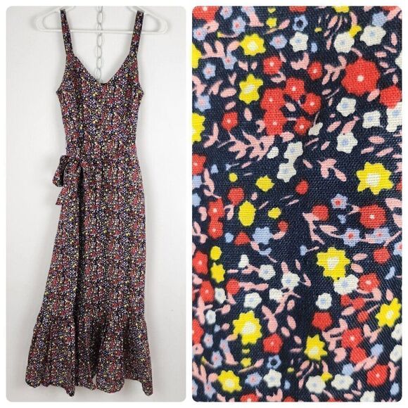 J. Crew Tiered Floral Waist Tie Maxi Dress Blue Linen Ruffle CottageCore sz 00 - Picture 4 of 7